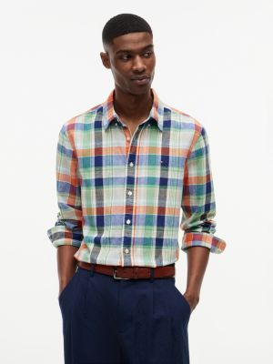 Regular Fit Madras Linen-Blend Shirt, Brilliant Orange Multi