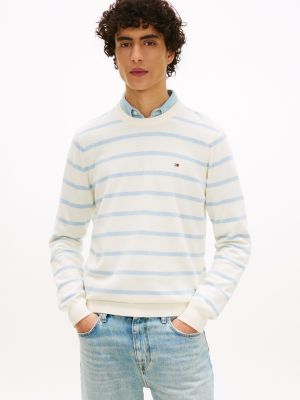 Stripe Classic Crewneck Sweater, Rich Cream/Blue Stripe