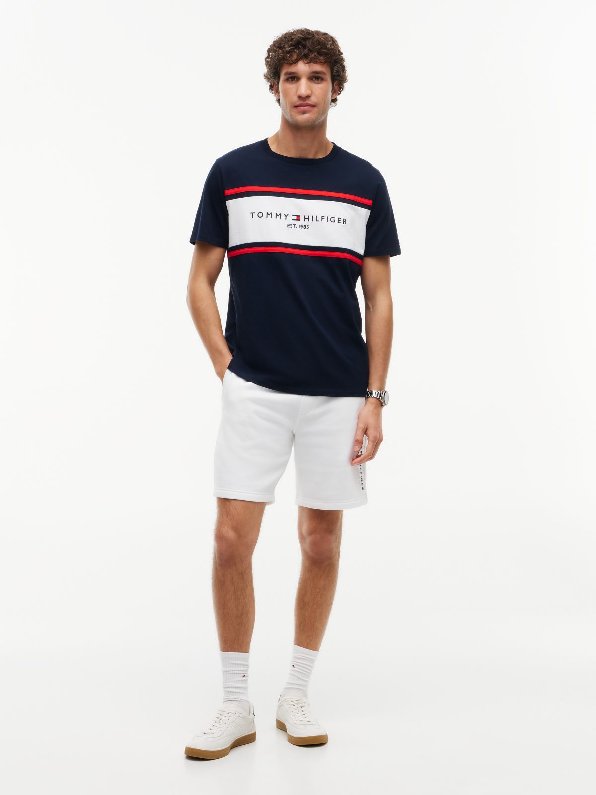 Hilfiger Block Stripe Logo T-Shirt — Navy Blue