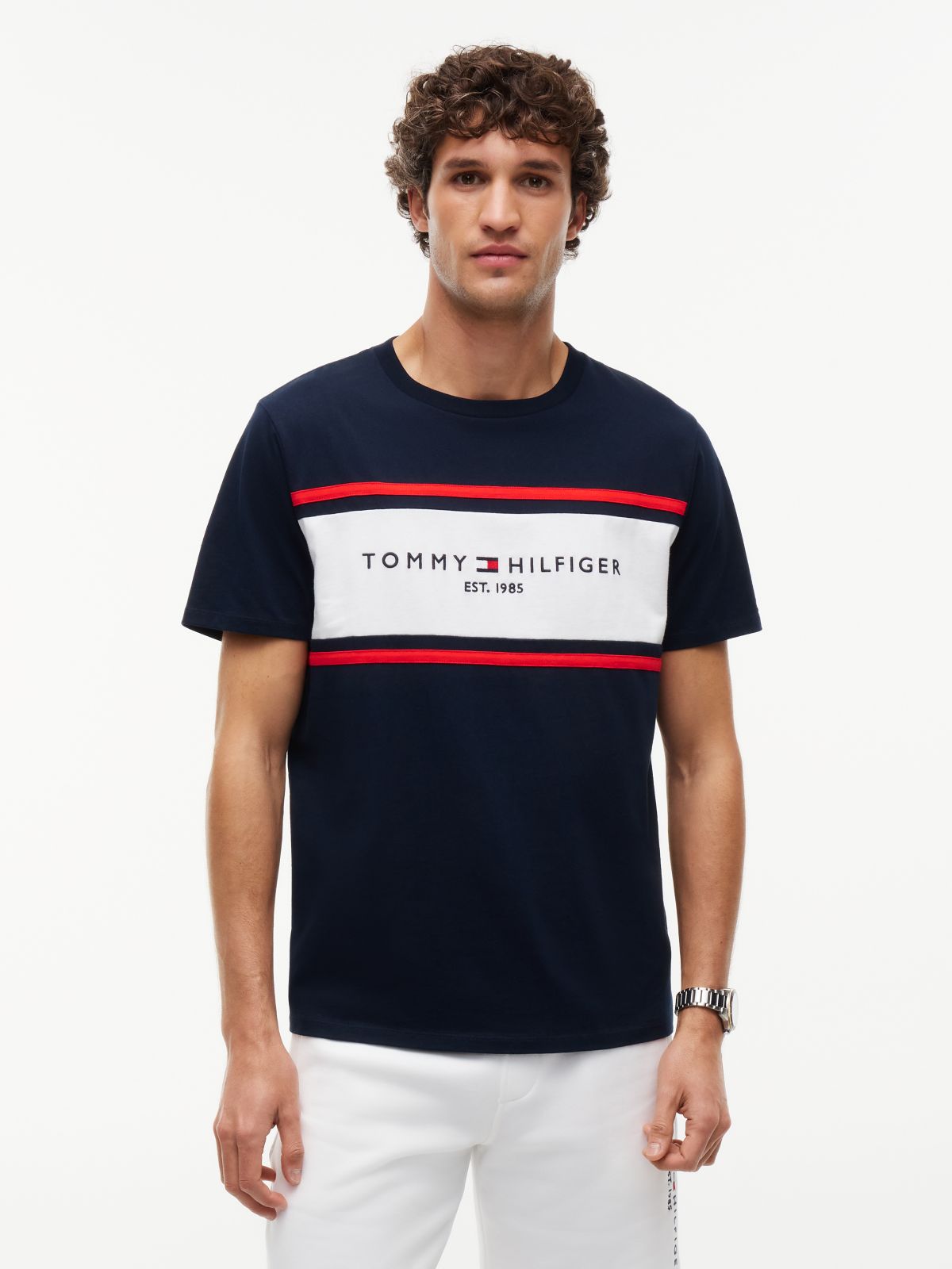 Hilfiger Block Stripe Logo T-Shirt — Navy Blue