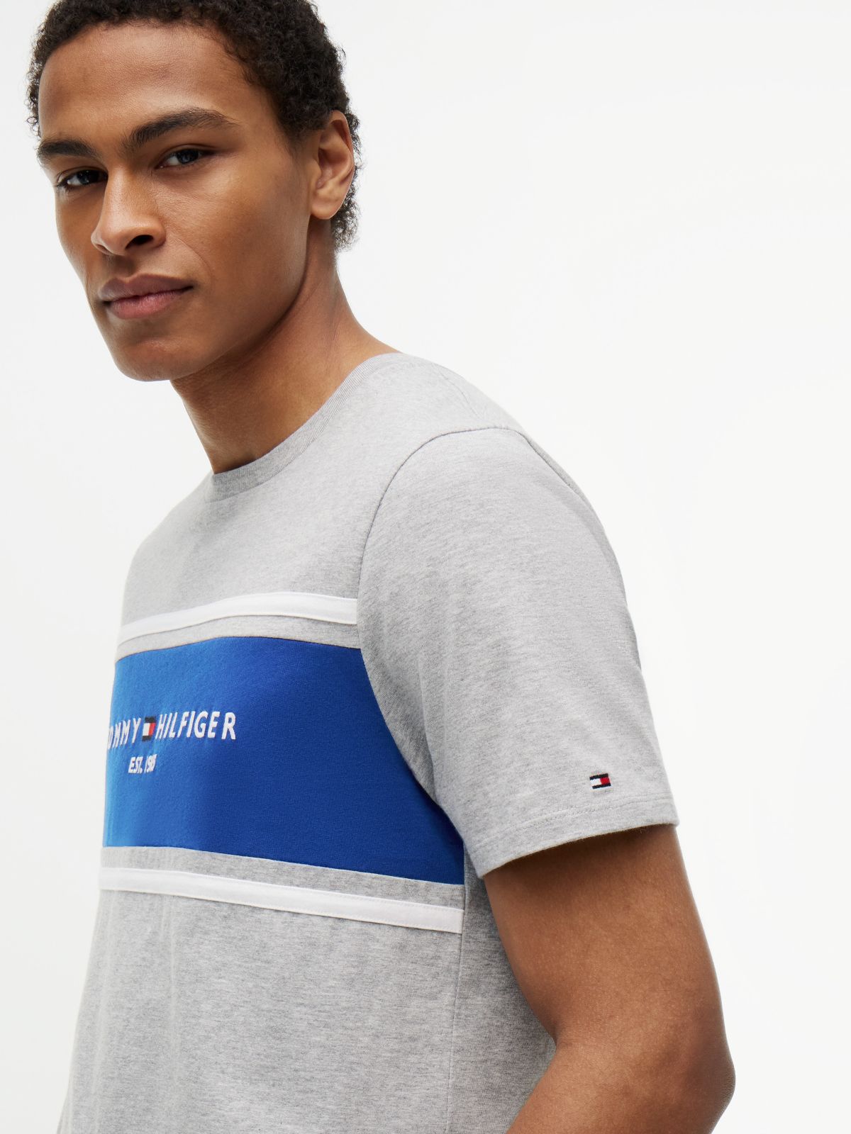 Hilfiger Block Stripe Logo T-Shirt — Grey Heather
