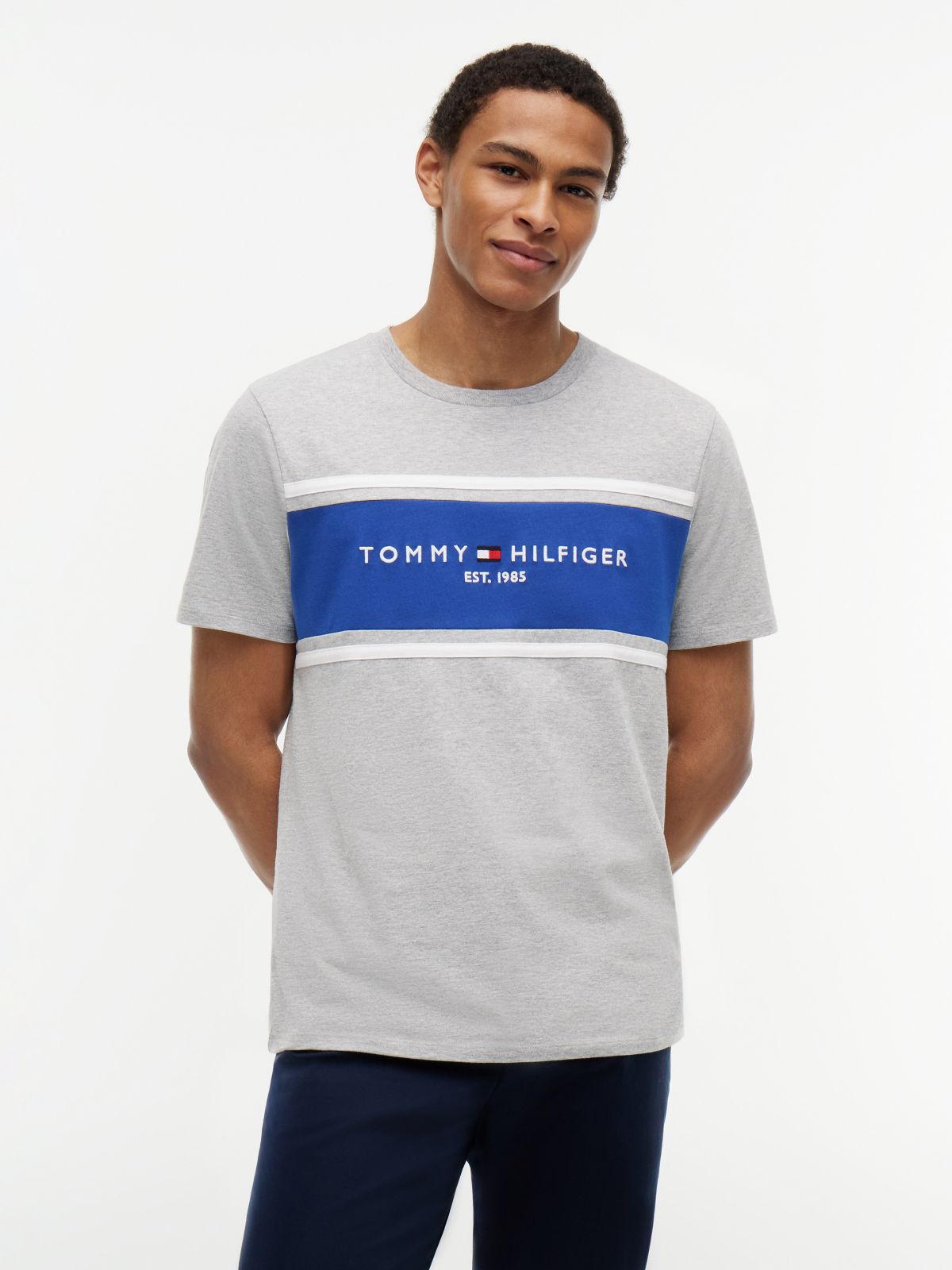 Hilfiger Block Stripe Logo T-Shirt — Grey Heather
