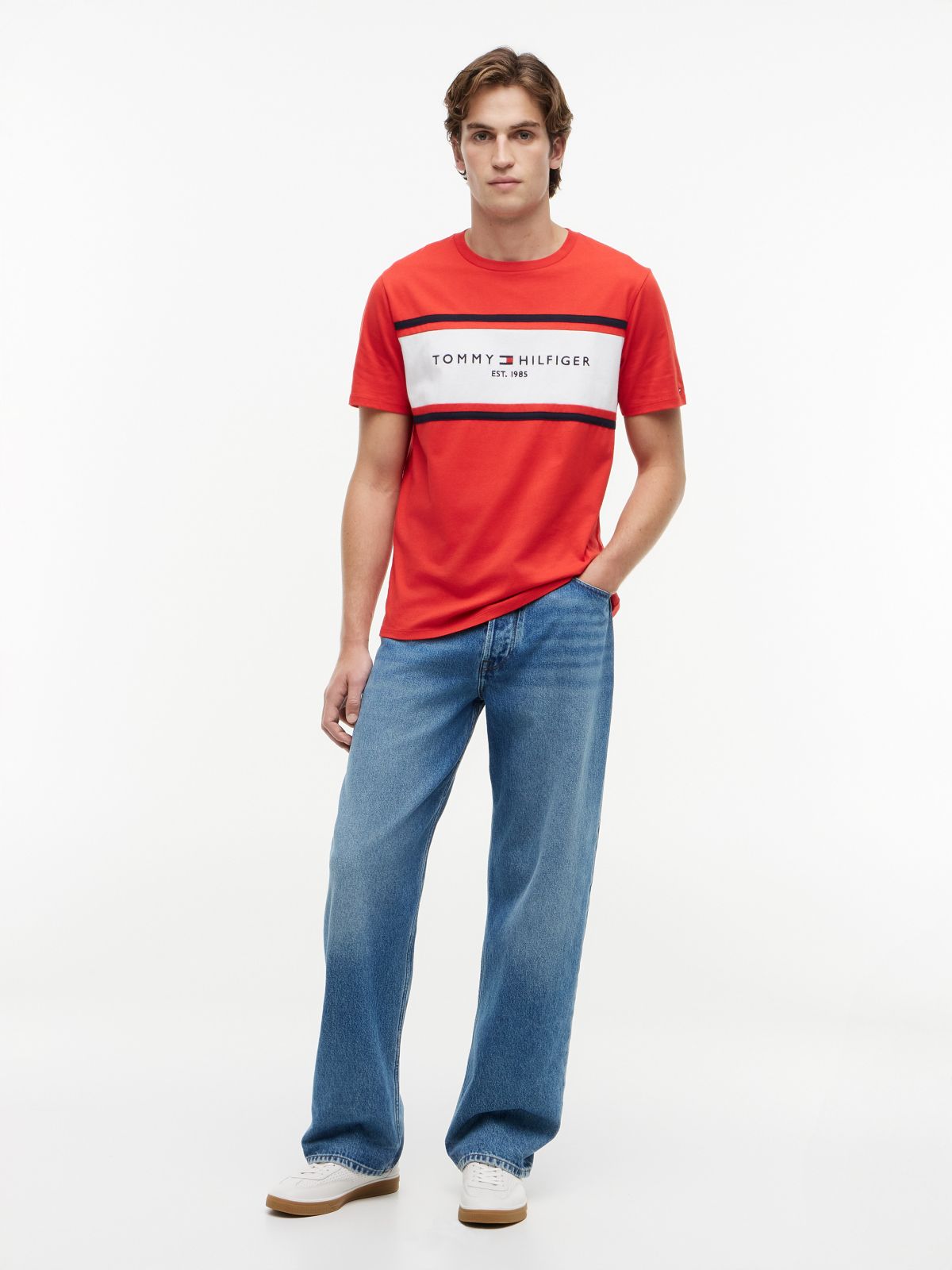 Hilfiger Block Stripe Logo T-Shirt — Deep Crimson