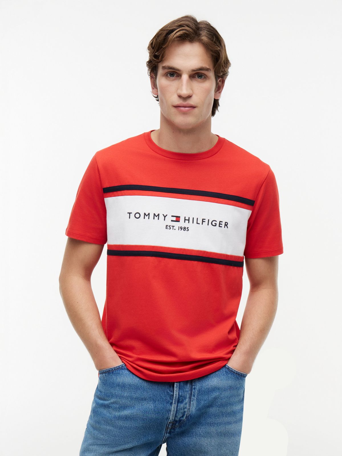 Hilfiger Block Stripe Logo T-Shirt — Deep Crimson