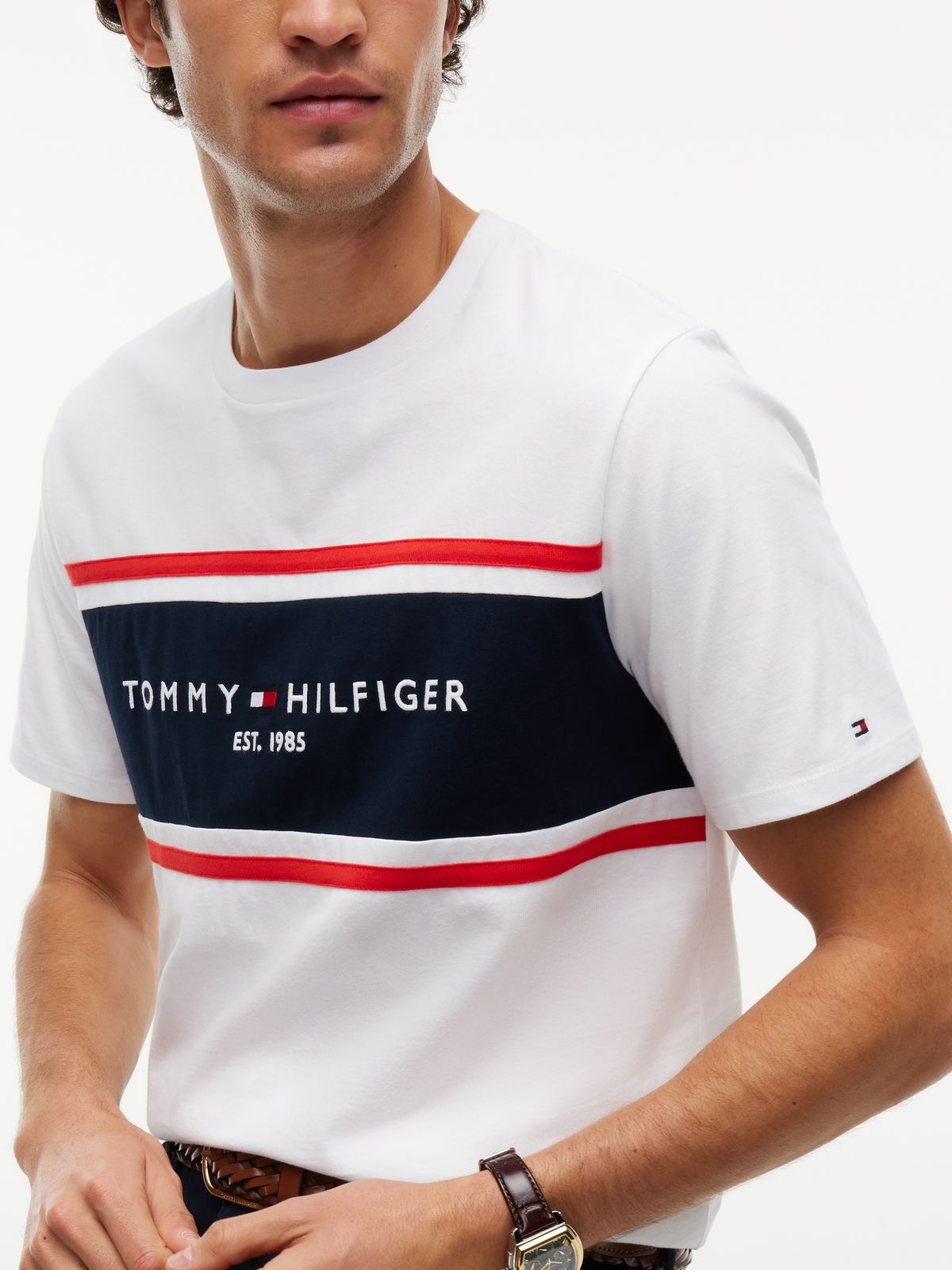 Hilfiger Block Stripe Logo T-Shirt — Optic White
