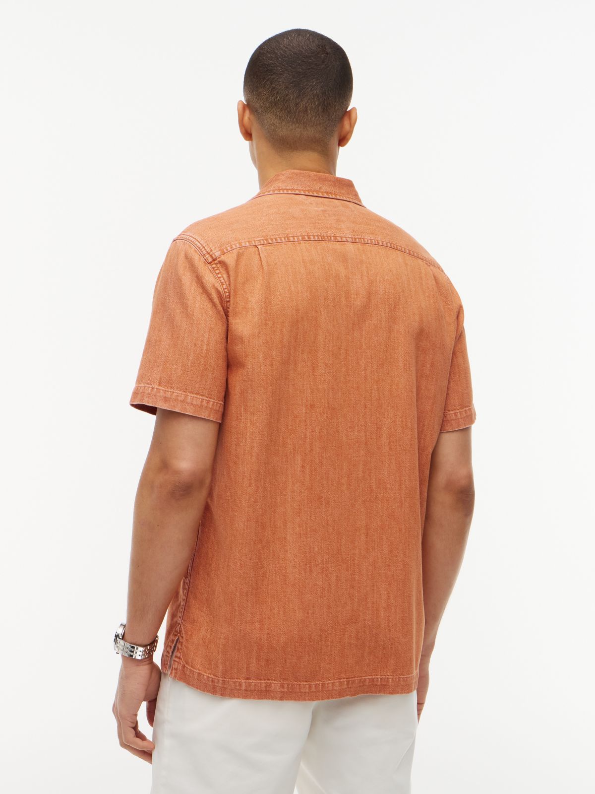Regular Fit Garment-Dyed Denim Camp Shirt — Pulp Coral