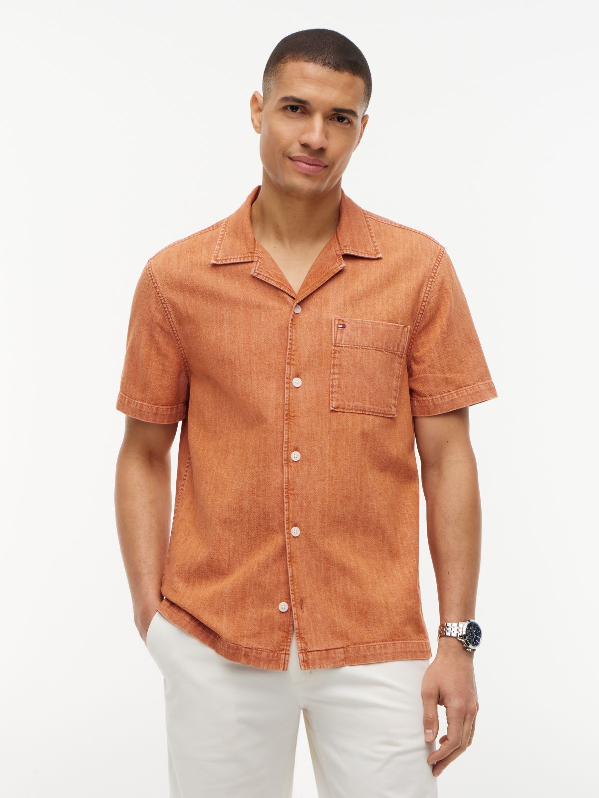 Regular Fit Garment-Dyed Denim Camp Shirt — Pulp Coral