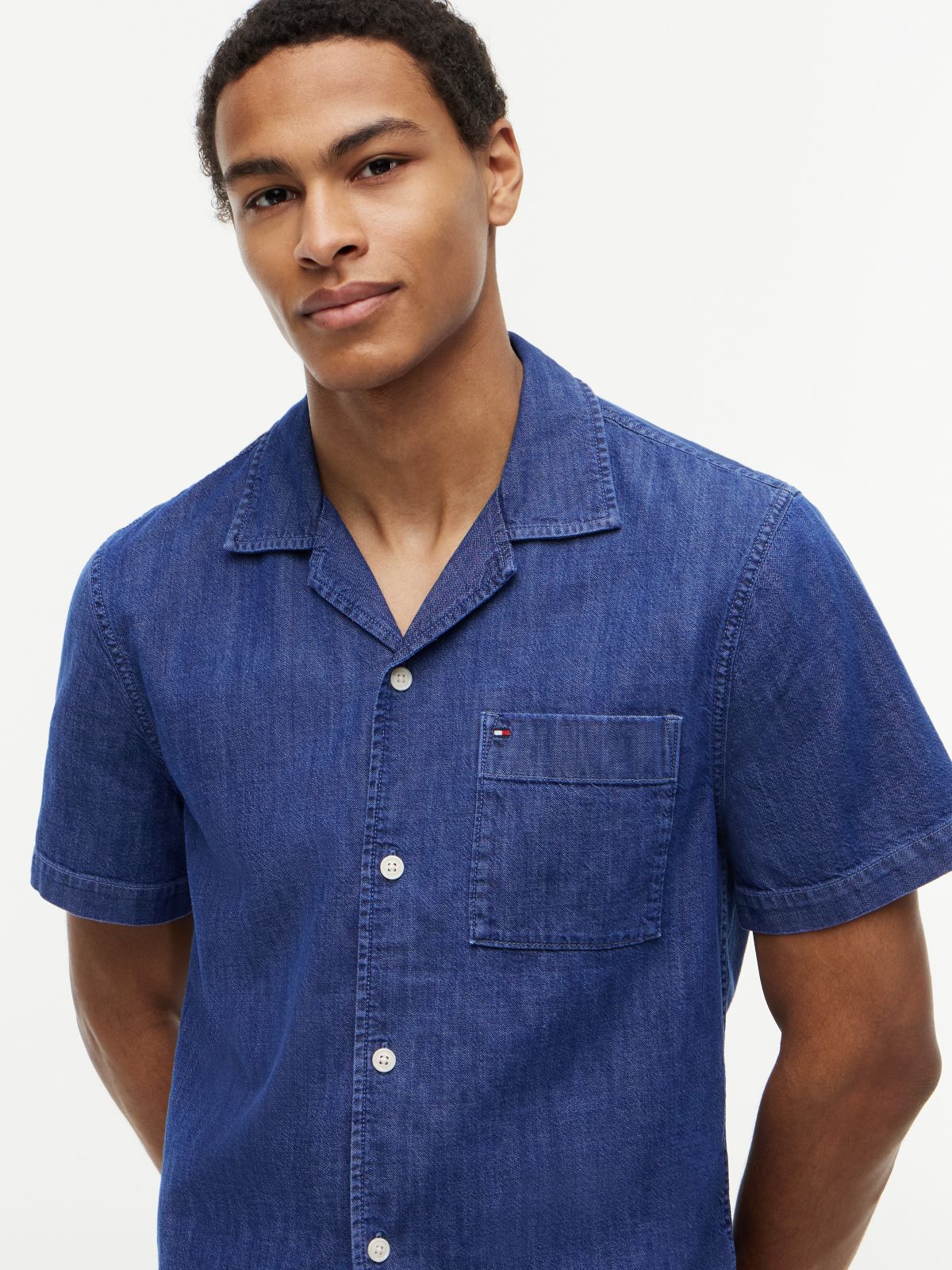 Regular Fit Garment-Dyed Denim Camp Shirt — Preppy Navy
