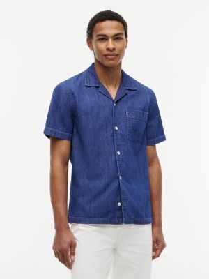 Regular Fit Garment-Dyed Denim Camp Shirt, Preppy Navy