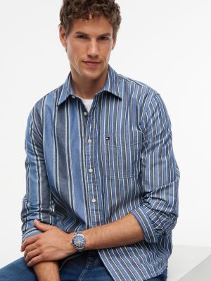Мужская рубашка Tommy Hilfiger Regular Fit Mixed-Stripe Chambray, цвет: Синий полосатый — фото 3