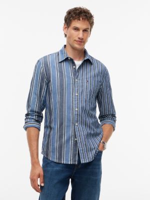 Мужская рубашка Tommy Hilfiger Regular Fit Mixed-Stripe Chambray, цвет: Синий полосатый — фото 1