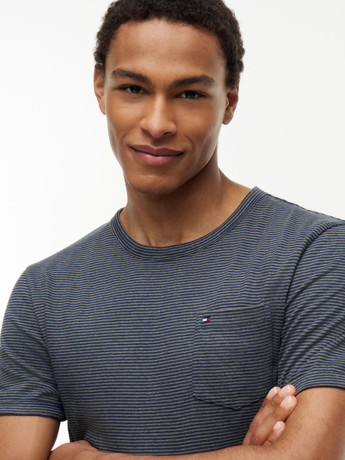 Striped Linen-Blend Pocket T-Shirt — Navy