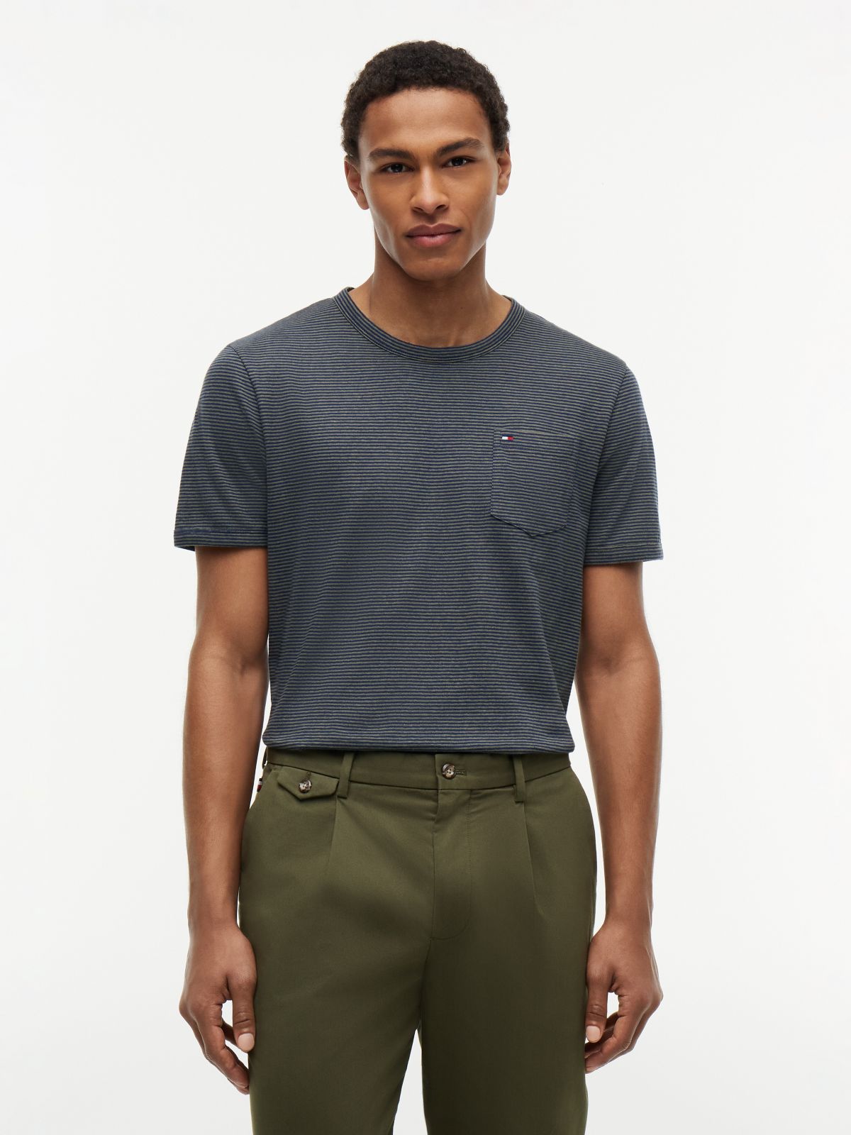Striped Linen-Blend Pocket T-Shirt — Navy