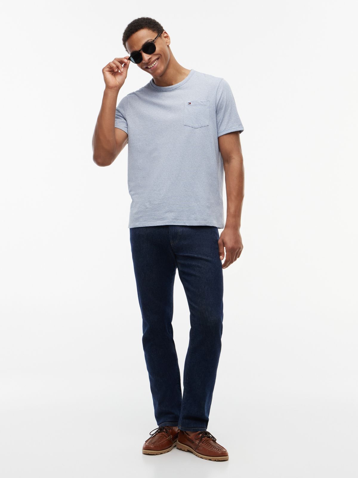 Striped Linen-Blend Pocket T-Shirt — Brisk Blue