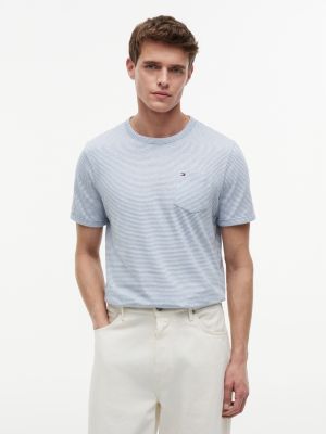 Striped Linen-Blend Pocket T-Shirt, Brisk Blue