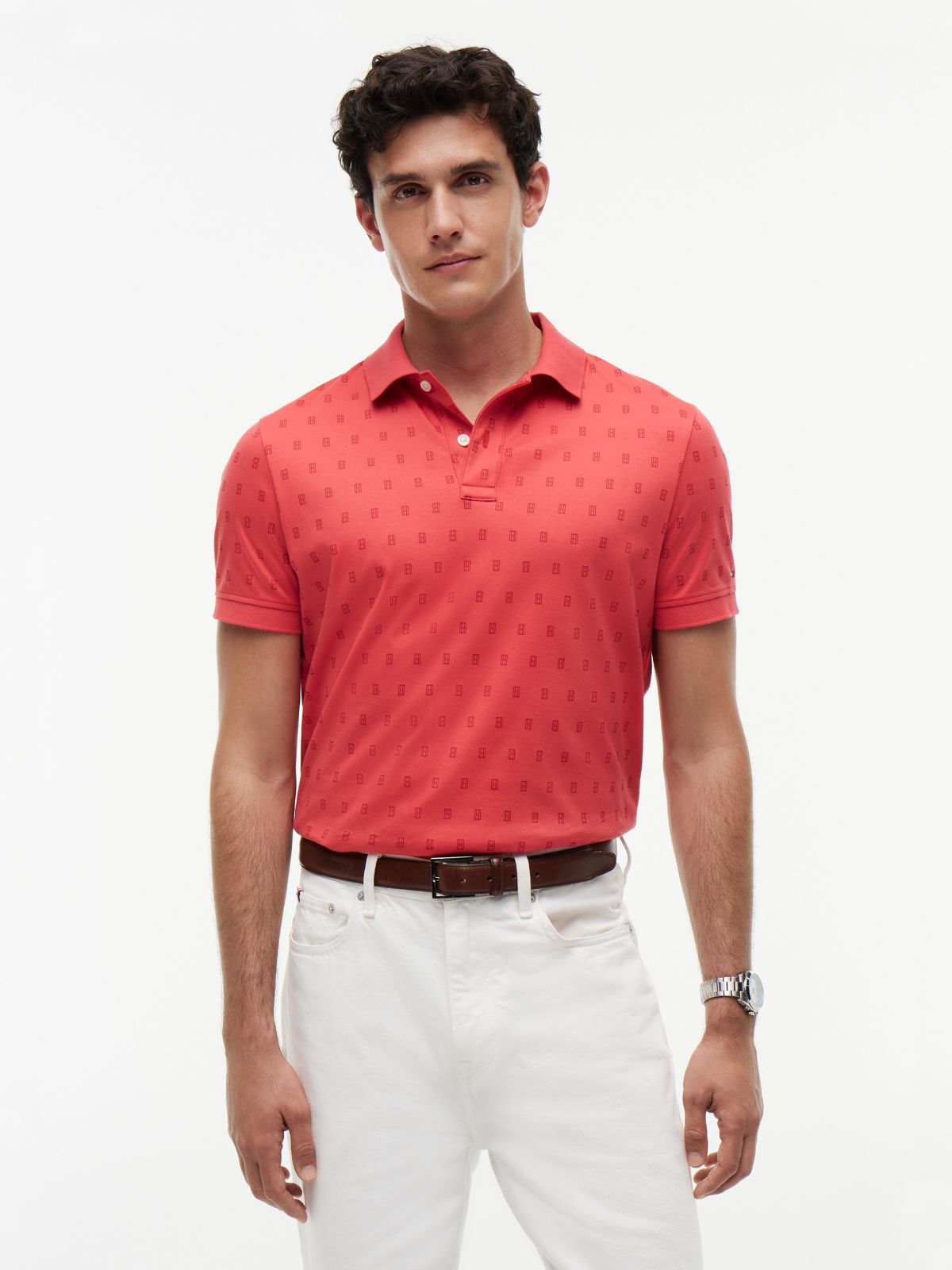 Allover Flag Print Interlock Polo — Coral