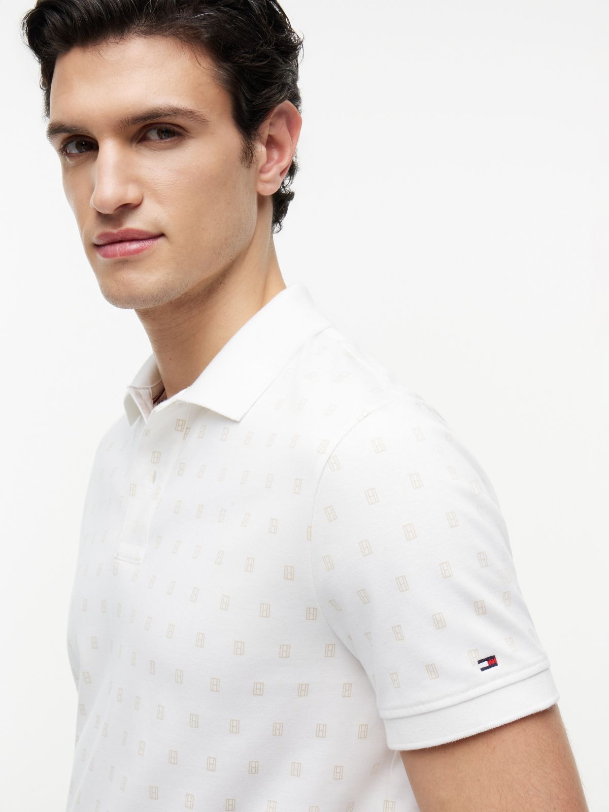 Allover Flag Print Interlock Polo — Optic White