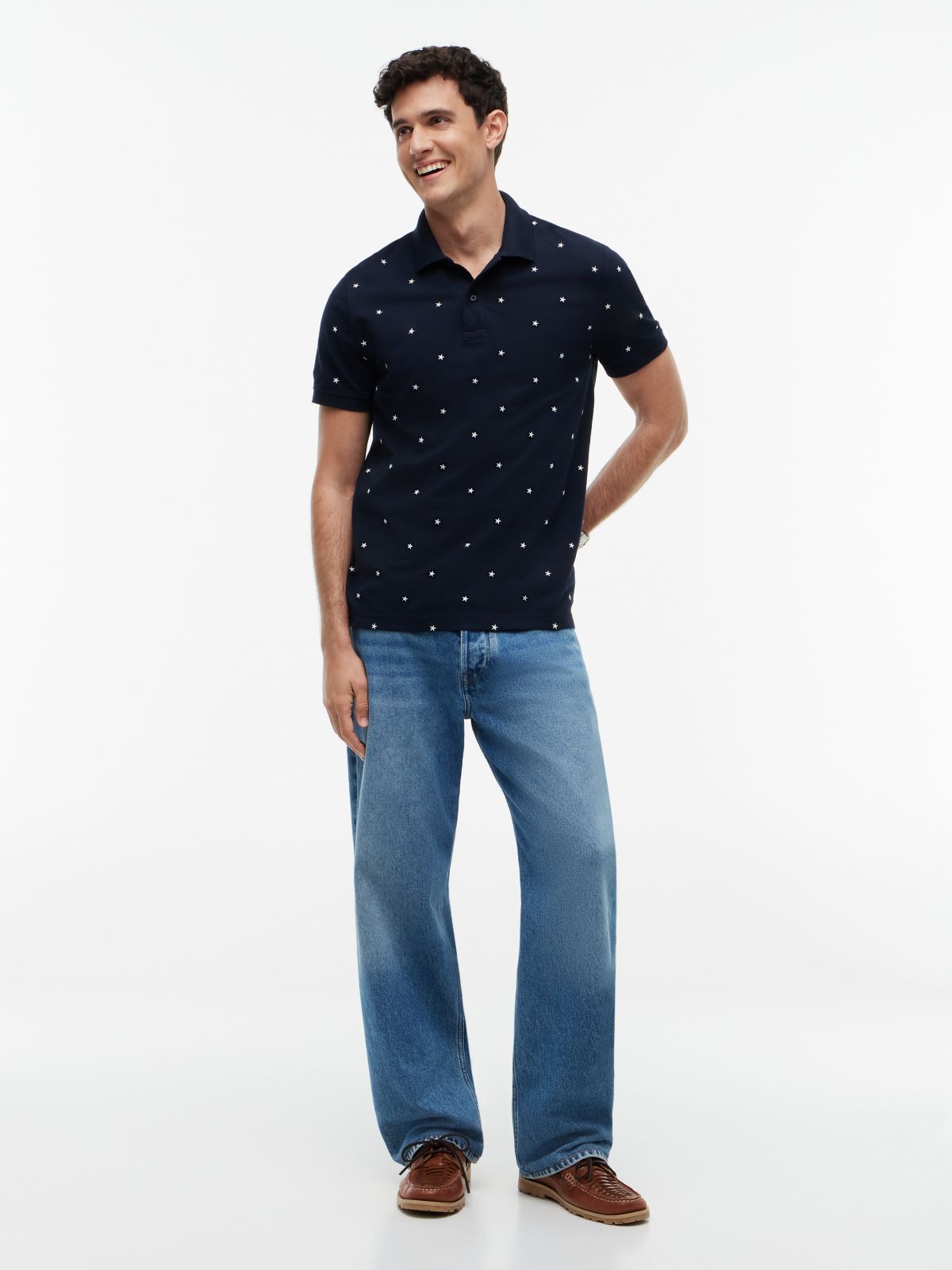 Regular Fit Allover Star Print Polo — Navy