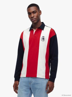 Relaxed Fit Colorblock Rugby Polo, Red/White/Navy Stripe