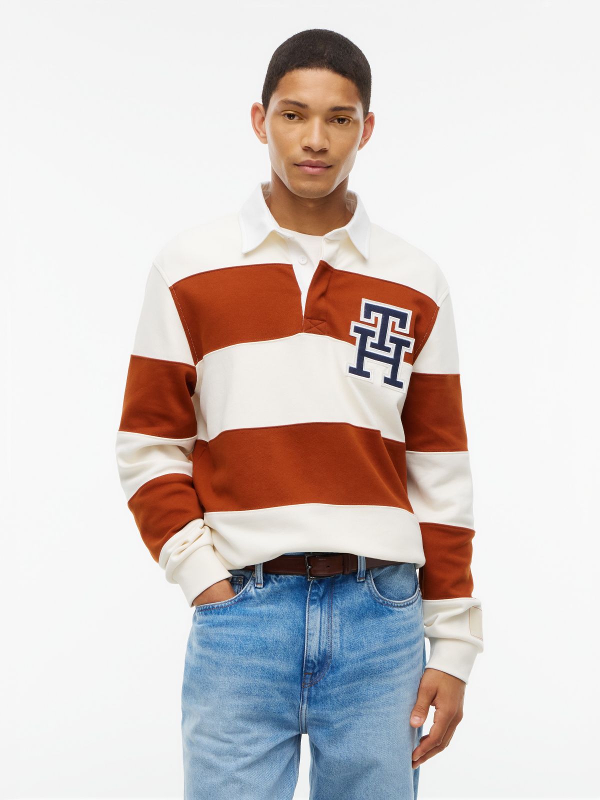 Heathered Interlock Pique Rugby Polo — Cinnamon/Rich Cream