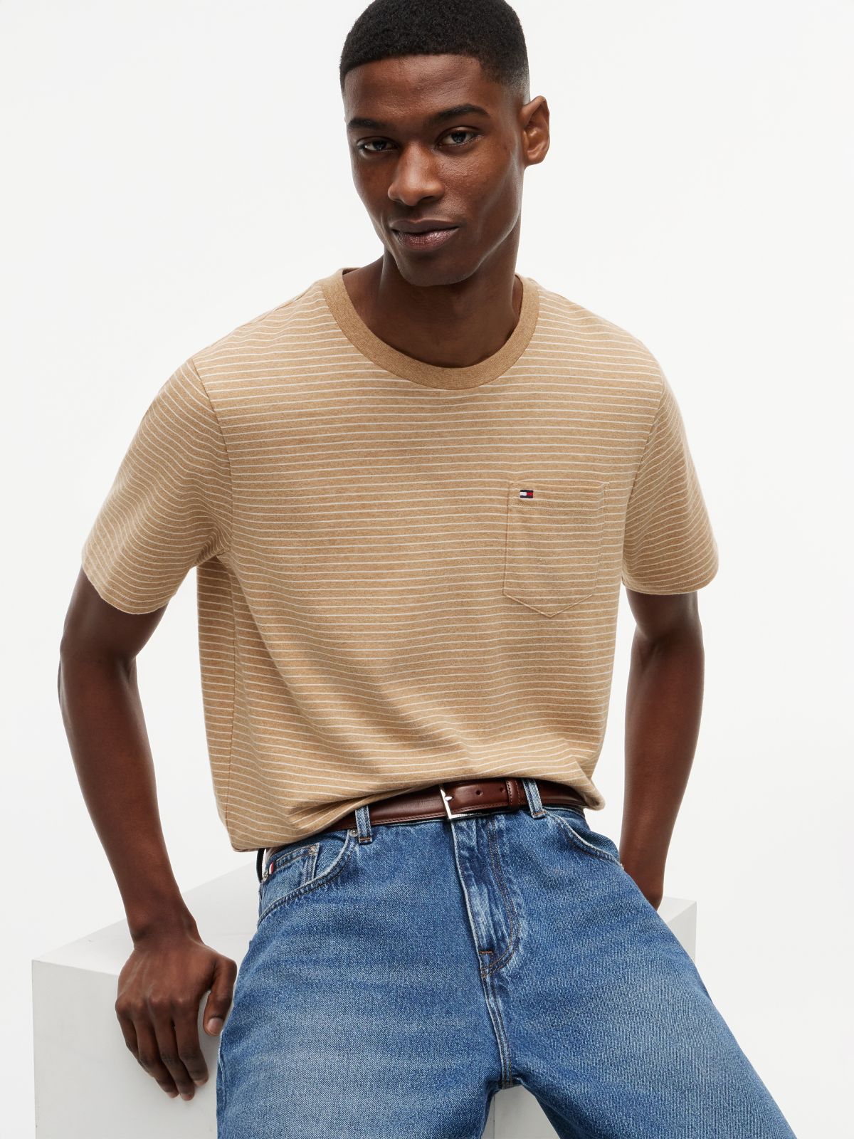 Striped Pocket T-Shirt — Iconic Camel Heather Stripe
