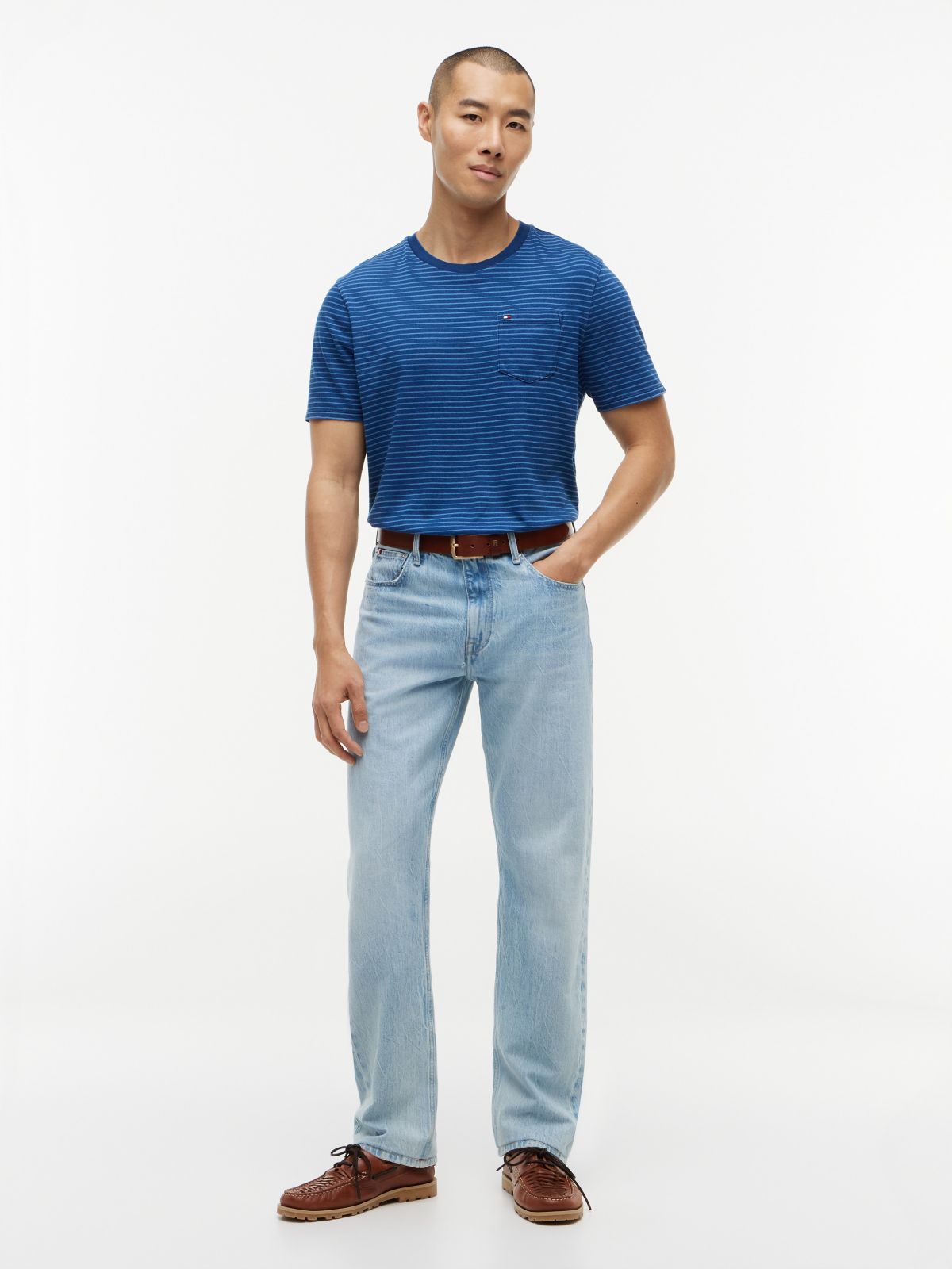 Indigo-Dyed Striped Pocket T-Shirt — Dark Indigo/Light Blue Stripe