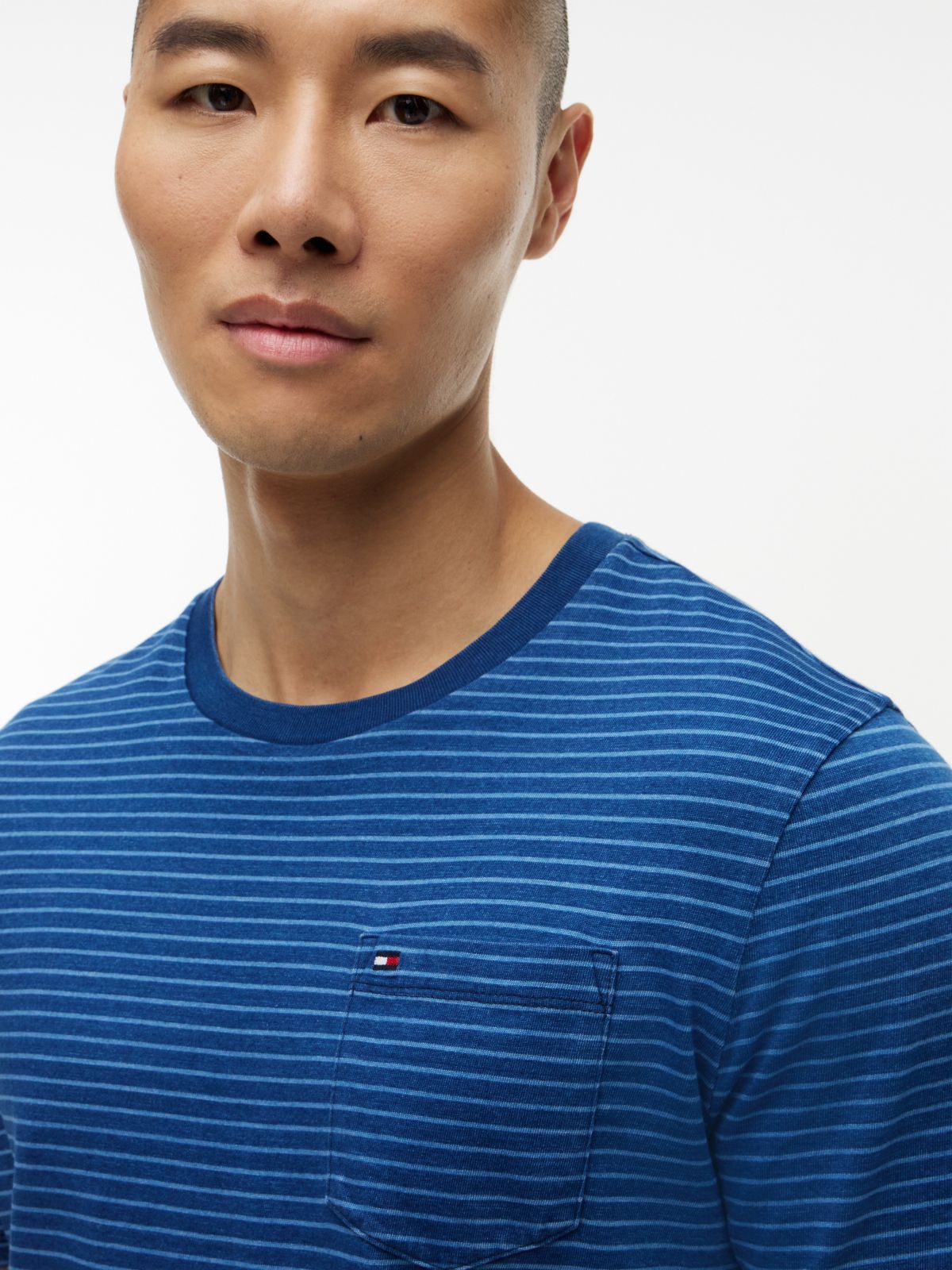 Indigo-Dyed Striped Pocket T-Shirt — Dark Indigo/Light Blue Stripe