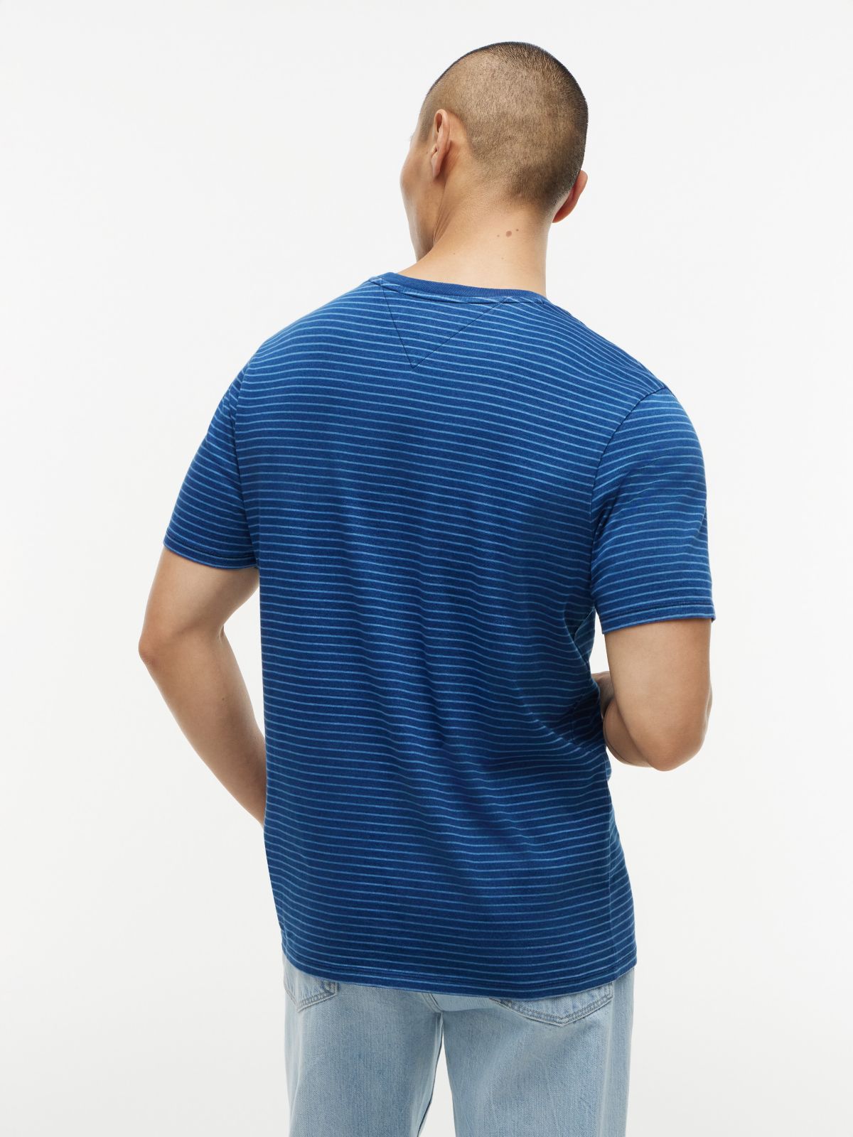 Indigo-Dyed Striped Pocket T-Shirt — Dark Indigo/Light Blue Stripe