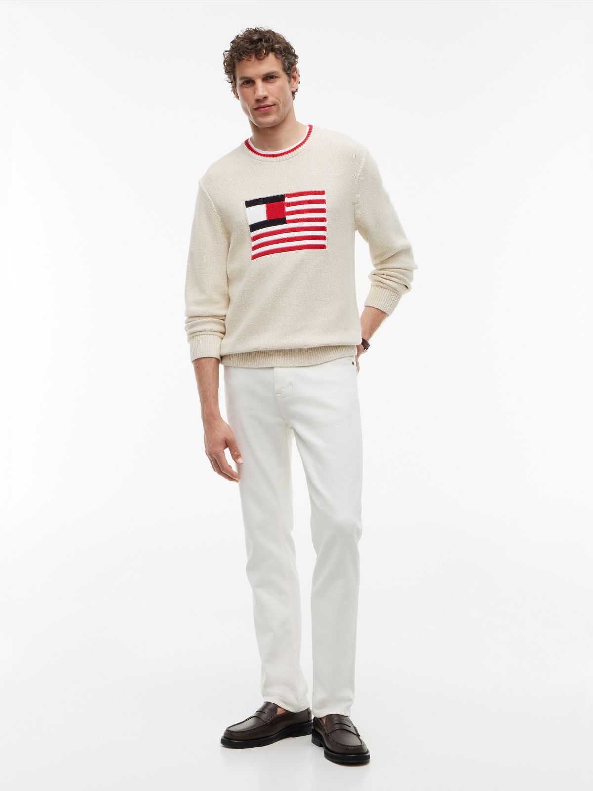 Intarsia Flag Logo Heathered Sweater — Ivory Silk