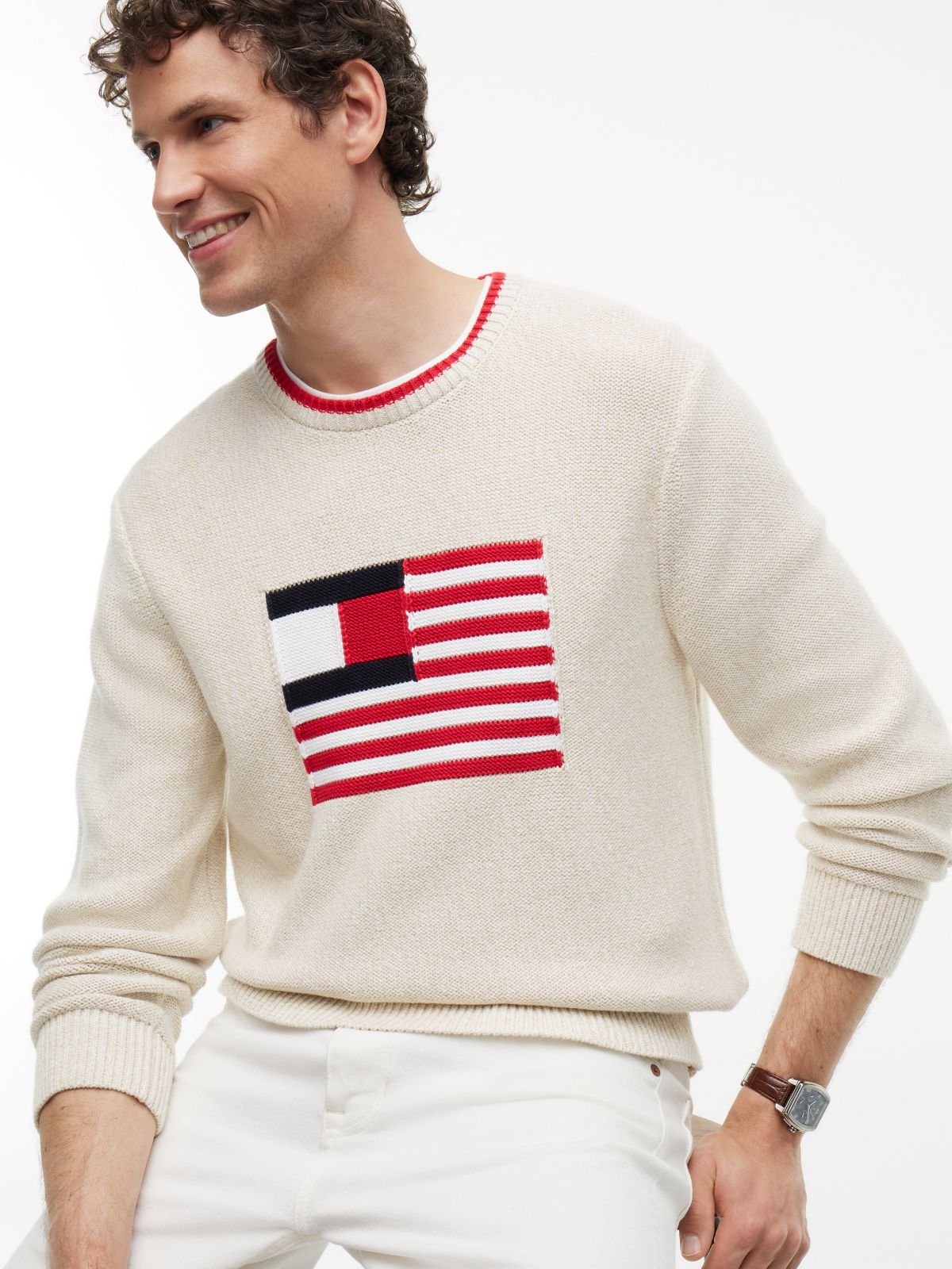 Intarsia Flag Logo Heathered Sweater — Ivory Silk