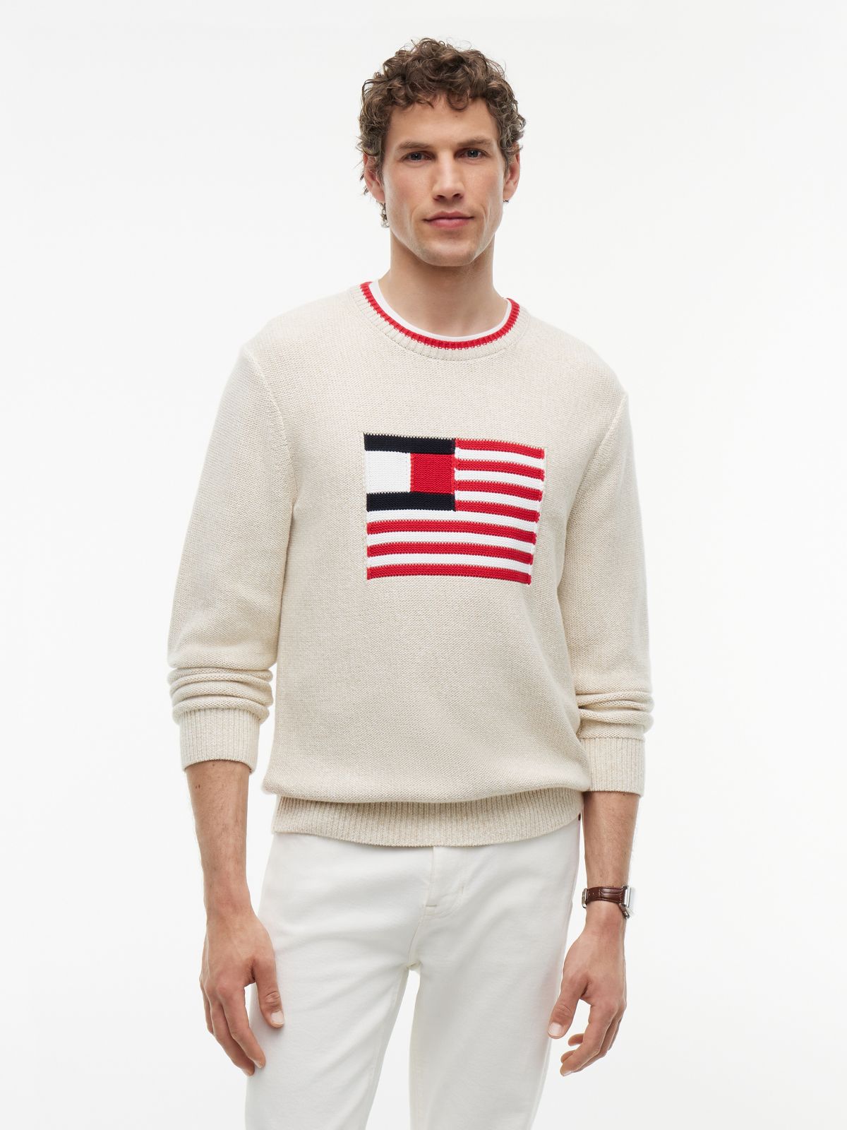 Intarsia Flag Logo Heathered Sweater — Ivory Silk