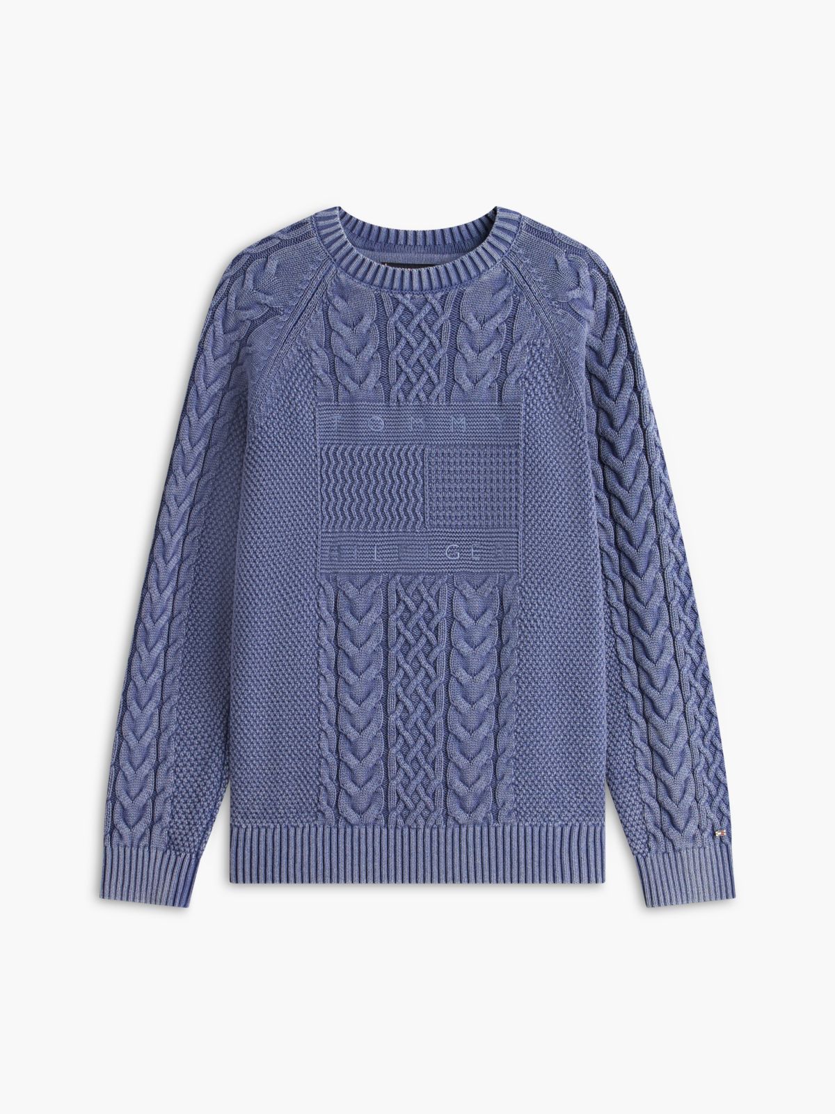 Indigo Flag Logo Cable Knit Sweater — Faded Indigo