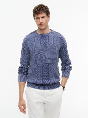 Indigo Flag Logo Cable Knit Sweater, Faded Indigo