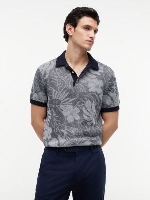 Short-Sleeve Tropical Print Sweater Polo, Navy