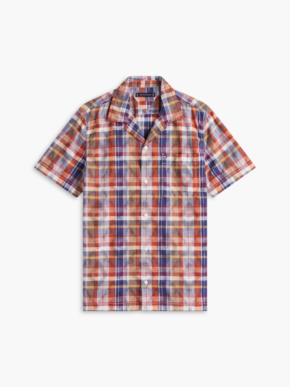 Regular Fit Ikat Plaid Camp Shirt — Orange and Blue Plaid Multi