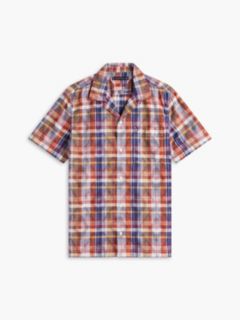 Regular Fit Ikat Plaid Camp Shirt — Orange and Blue Plaid Multi 5