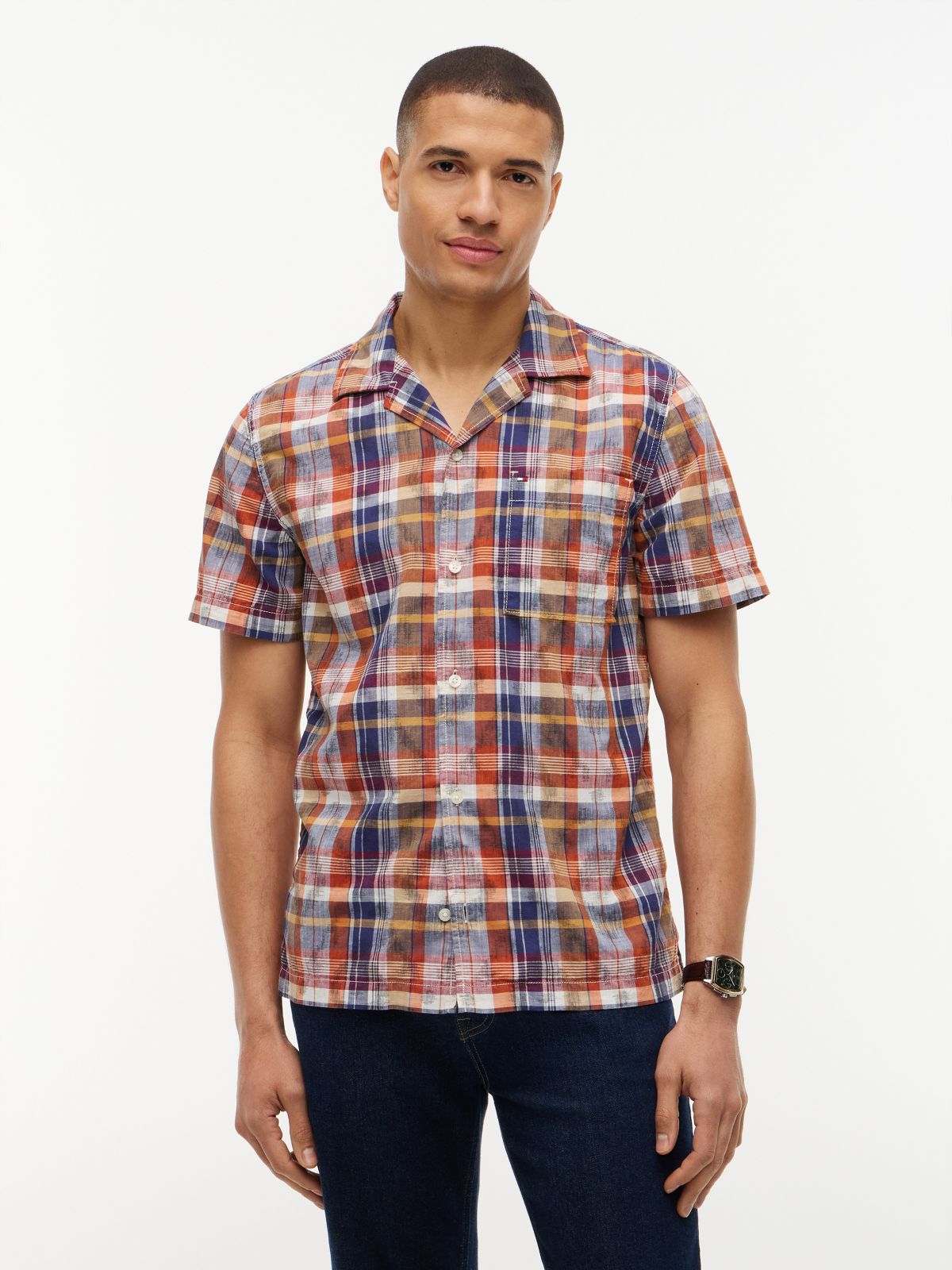 Regular Fit Ikat Plaid Camp Shirt — Orange and Blue Plaid Multi
