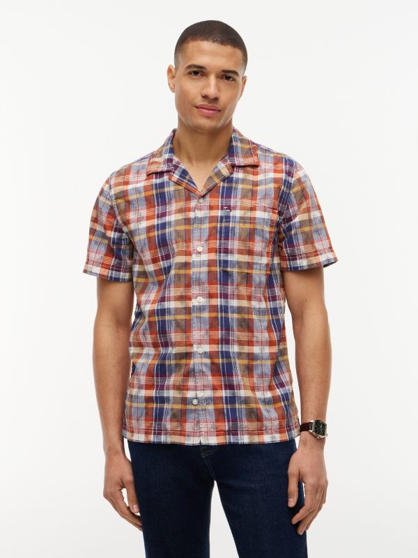 Regular Fit Ikat Plaid Camp Shirt — Orange and Blue Plaid Multi