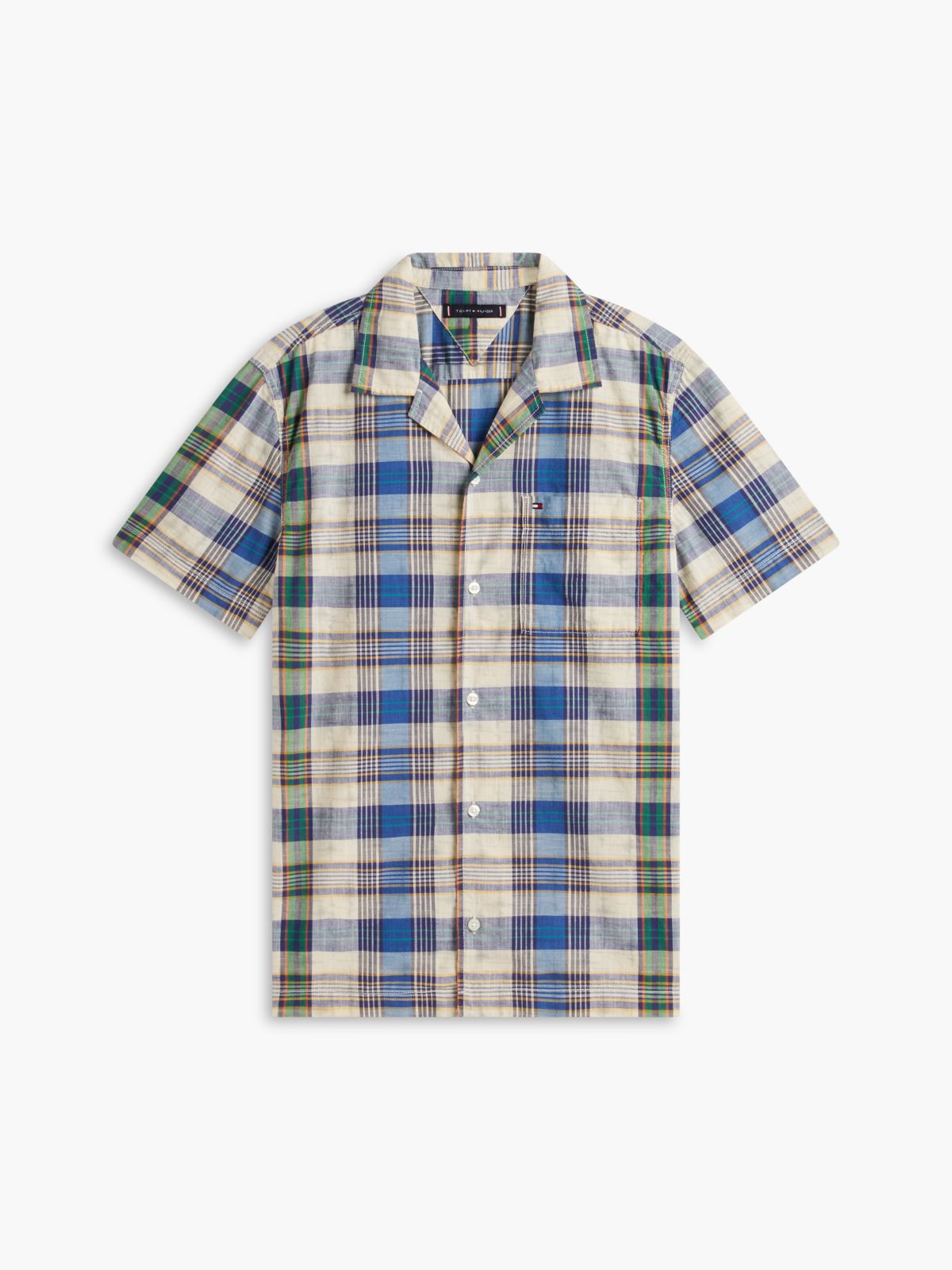 Regular Fit Ikat Plaid Camp Shirt — Blue/Yellow Plaid Multi
