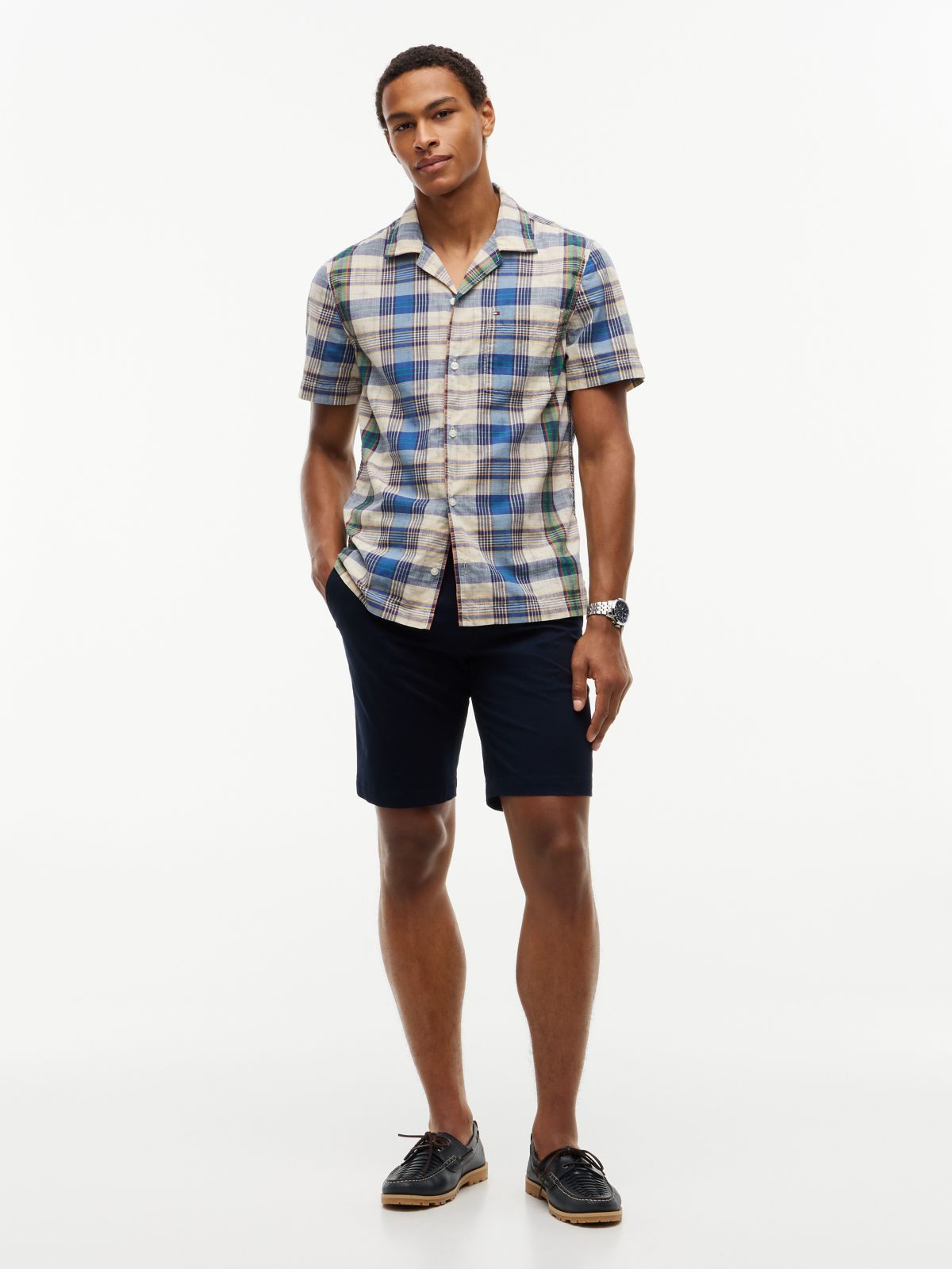 Regular Fit Ikat Plaid Camp Shirt — Blue/Yellow Plaid Multi