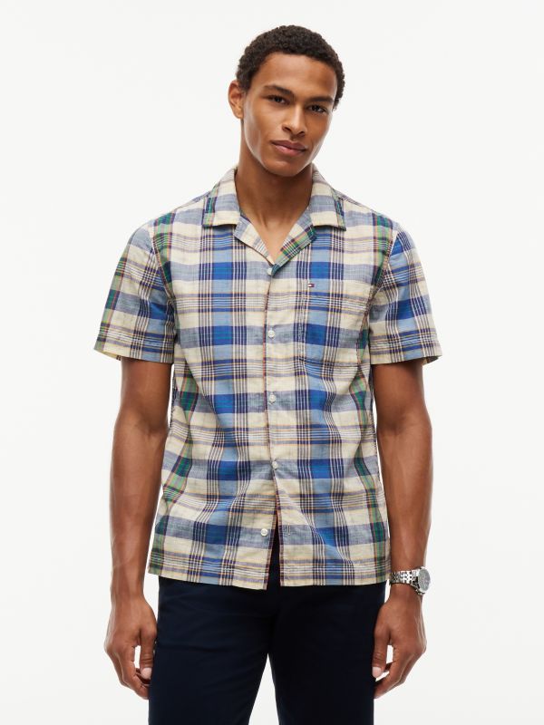 Regular Fit Ikat Plaid Camp Shirt — Blue/Yellow Plaid Multi