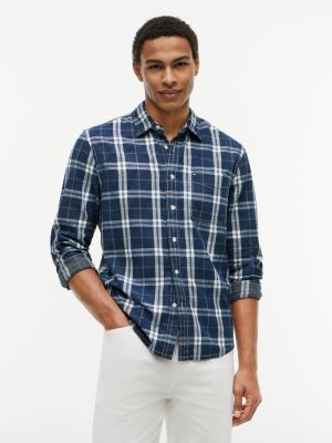 Regular Fit Plaid Dobby Pocket Shirt, Indigo Plaid