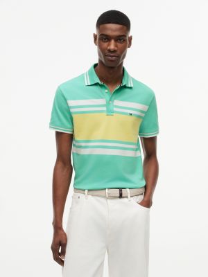 Slim Fit Block Stripe Stretch Pique Polo, Light Jade Green/Yellow