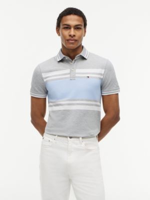 Slim Fit Block Stripe Stretch Pique Polo, Grey Heather/Blue