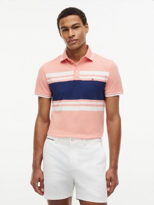 Slim Fit Block Stripe Stretch Pique Polo, Sunset Coral