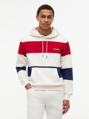 Tricolor Stripe Brushed-Back Hoodie, Ivory Silk