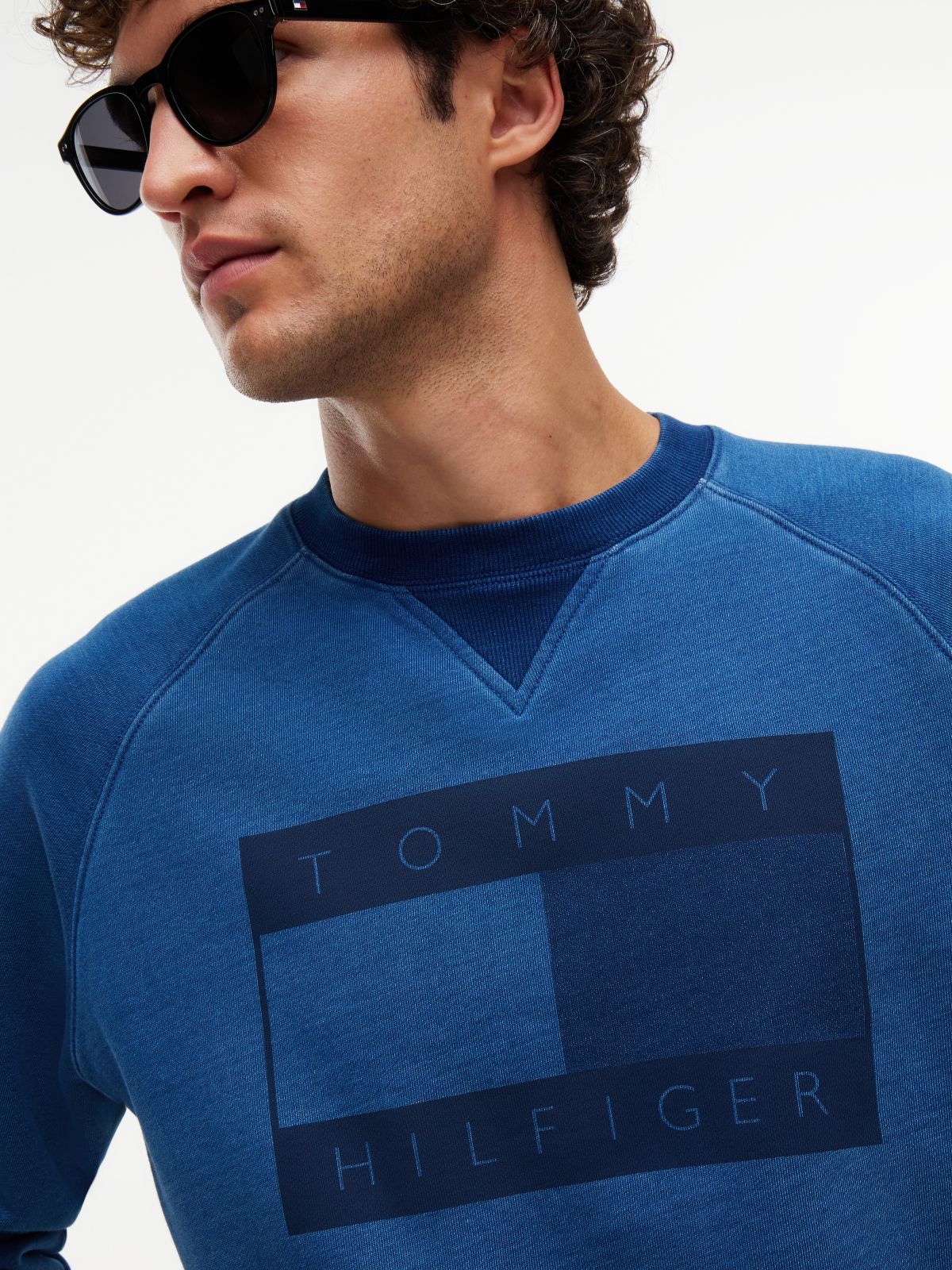 Flag Logo Indigo-Dyed Raglan Sweatshirt — Medium Wash Denim