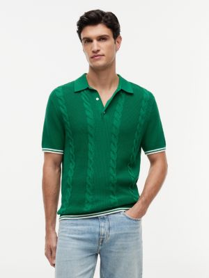 Short-Sleeve Cable Knit Sweater Polo, Nocturnal Green