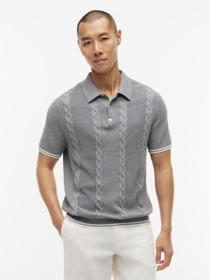 Short-Sleeve Cable Knit Sweater Polo, Medium Grey Heather