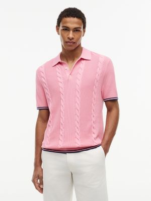 Short-Sleeve Cable Knit Sweater Polo, Fresh Pink